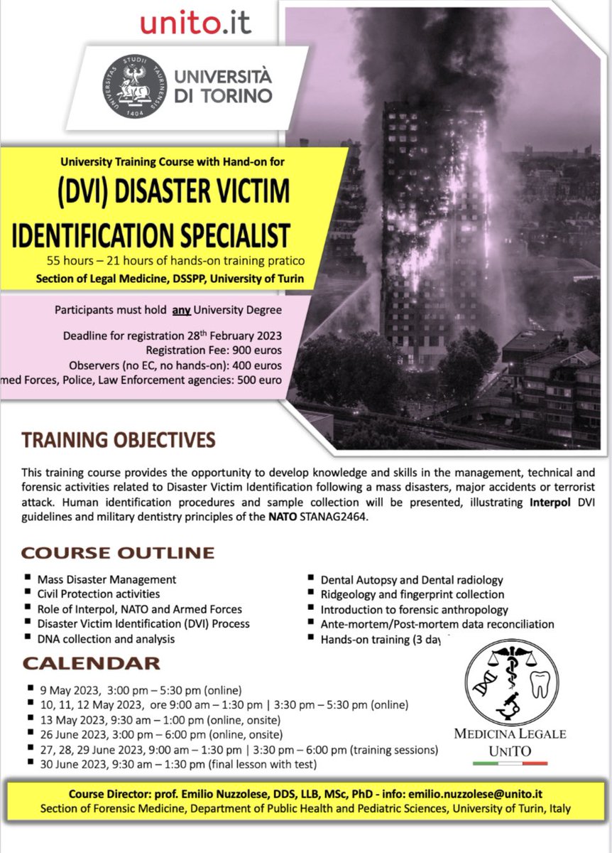 emilionuzzolese's tweet photo. Disaster Victim #identification 2023 training course with hands-on - 2nd Edition.
One week in May online, one week in June in Turin.
Deadline for registration 28th February 2023
#forensicscience
#forensic
#forensics
#massdisaster
#civilprotection https://t.co/JU0HSS4I7U