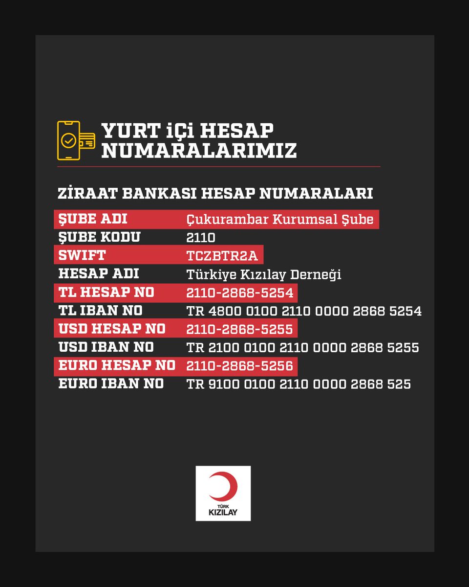 🟥 Deprem anından bu yana;

❝Nasıl yardım edebilirim?❞,
❝Hangi yollarla bağış yapabilirim?❞

sorularını yönelten vatandaşlarımız için hesap bilgilerimiz:🔻