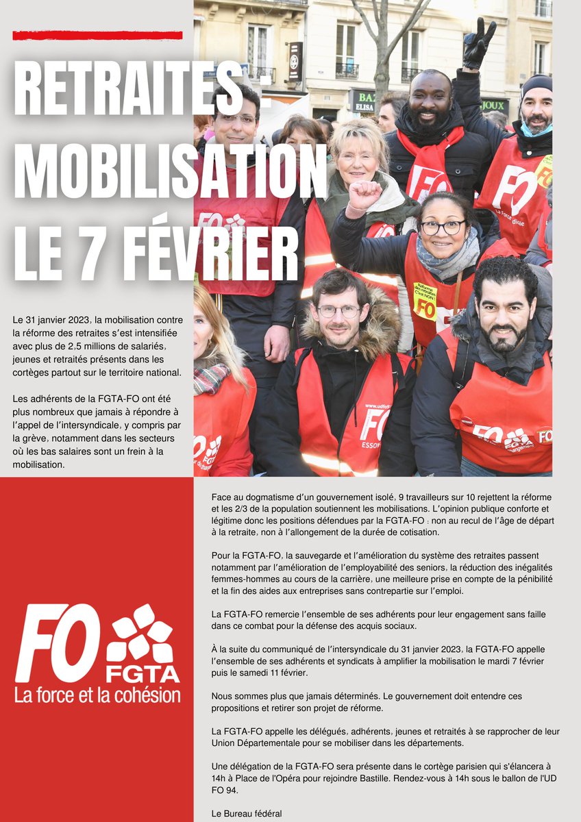 La FGTA-FO appelle à se rapprocher des UD pour se mobiliser dans les départements.

Une délégation de la FGTA-FO sera présente dans le cortège parisien qui s'élancera à 14h à Place de l'Opéra RDV à 14h sous le ballon de l'UD FO 94.

#retraites #grève7janvier #fgtafo