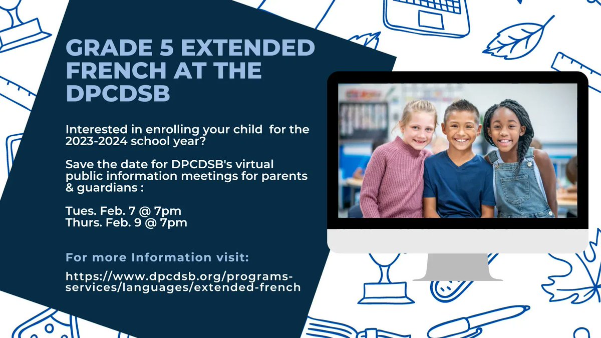 This week, DPCDSB is hosting public information sessions for parents/guardians interested in enrolling their children in the Grade 5 Extended French Program for the 2023-24 school year.

➡️Brampton, Caledon &amp; Dufferin
Feb. 7

➡️Mississauga
Feb. 9

dpcdsb.info/ExtendedFrench
