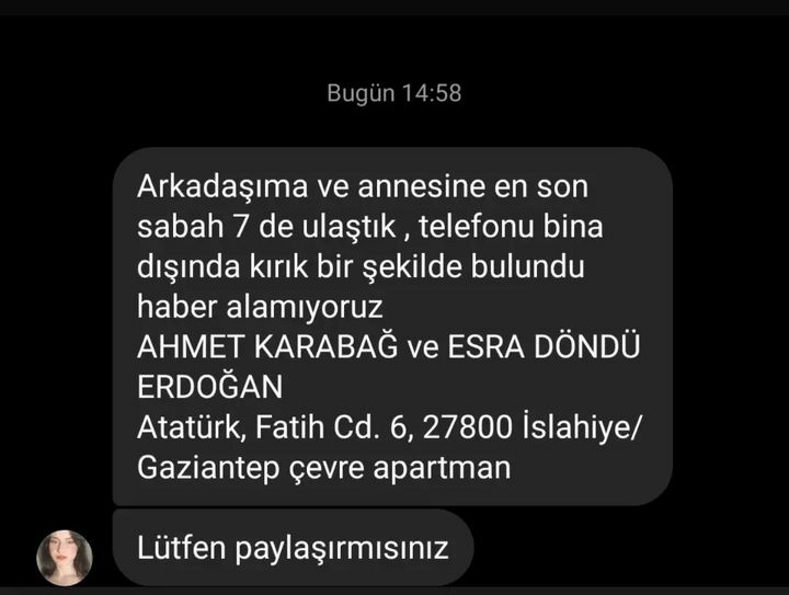 sarahmakemegay's tweet photo. Açık adresi de bu şekilde lütfen yayalım #DEPREMOLDU #Gaziantep #islahiye #afaddeprem https://t.co/yzmGk79Q2c