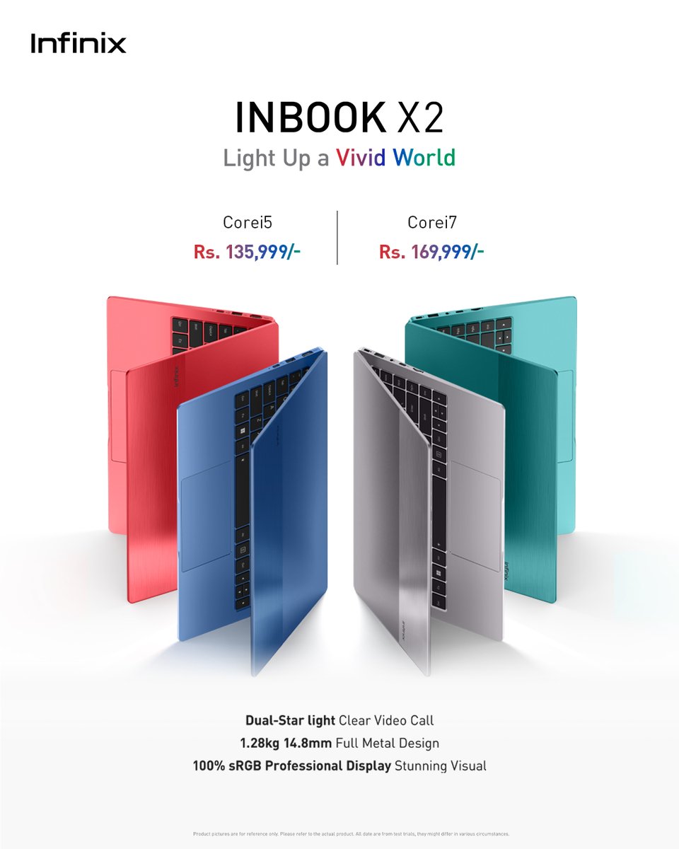 InfinixPakistan's tweet photo. Make heads turn with sleek and stylish Infinix INBook X2 weighing only 1.28Kg with dual light camera for clearer video calls and 100% sRGB display for an immersive visual experience. 
Core i5: Available for Rs. 135,999
Core i7: Available for Rs. 169,999 
 #InfinixX2 #Inbook https://t.co/sz7B1TD0jV