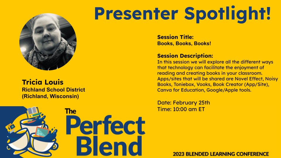 Dave Dick, Ed.S (@dave4edtech) on Twitter photo Another exciting presenter spotlight! <a href="/talouis/">Tricia Louis👩🏻💻</a> is presenting on Books and the blended learning approach that goes with them! Check us out for FREE! 2/25 Registration below! virtualvirginia.org/pl/blend23/ <a href="/Canvas_by_Inst/">Canvas by Instructure</a> <a href="/VirtualVirginia/">Virtual Virginia</a> <a href="/vste/">VSTE</a> Another exciting presenter spotlight! <a href="/talouis/">Tricia Louis👩🏻💻</a> is presenting on Books and the blended learning approach that goes with them! Check us out for FREE! 2/25 Registration below! virtualvirginia.org/pl/blend23/ <a href="/Canvas_by_Inst/">Canvas by Instructure</a> <a href="/VirtualVirginia/">Virtual Virginia</a> <a href="/vste/">VSTE</a>