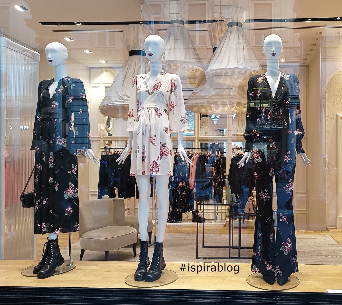 thinkretail's tweet image. Twin Set Turin - Pre Spring 2023 Womenswear - black patterned dress, blouse and trousers, with white patterned short dress, black boots and black small handbag #twinset #ispirablog bit.ly/7Twin6