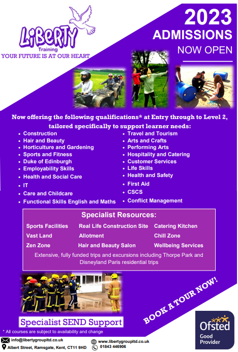 Liberty's Offer is Here!
Admissions are open now for September 2023
To inquire or receive a tour please contact the office via email on info@libertygroupltd.co.uk or phone on 01843 446906.