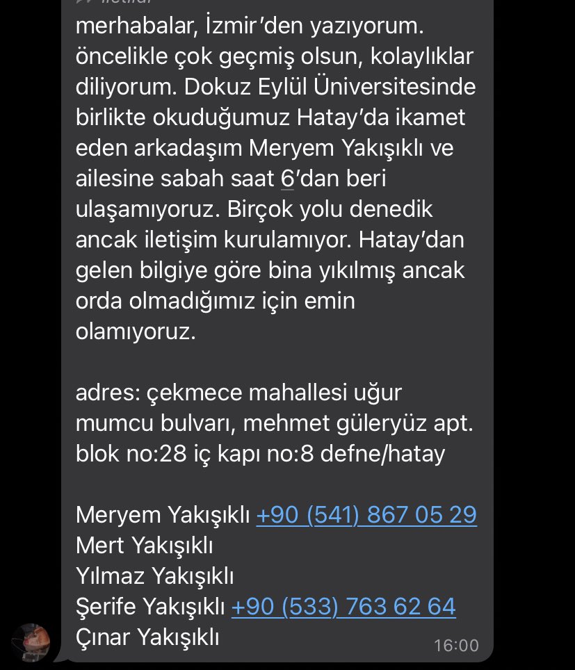 stpassion5's tweet photo. Meryem Yakışıklı Çekmece mahallesi Uğur Mumcu bulvarı Mehmet Güleryüz apt blok no:28 iç kapı no:8 Defne/Hatay 05418670529 
Yayarsanız çok sevinirim #Hatay #deprem #hataydeprem @ahbap https://t.co/8SDvWtIizL