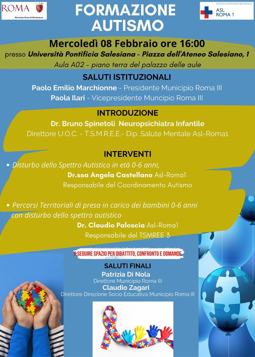 ASLRoma1's tweet photo. 📌 Parlare di autismo è sempre importante, fare la formazione ancor di più.
📆 Appuntamento alle 16.00 in Piazza dell'Ateneo Salesiano 1, presso l'Università Salesiana, per #FormazioneAutismo insieme al #TerzoMunicipio https://t.co/bPFiv7g1IB