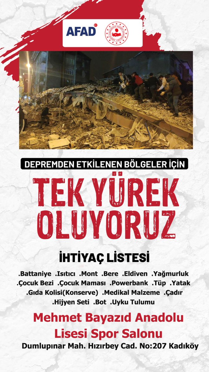 Depremin yaralarını birlikte saralım.

Depremden etkilenen illerdeki vatandaşlarımıza ulastırılmak üzere; AFAD koordinesinde, Kaymakamlığımız yardım kampanyası başlatılmıştır.

İhtiyaç duyulan malzemeler ve teslim noktaları ⤵️