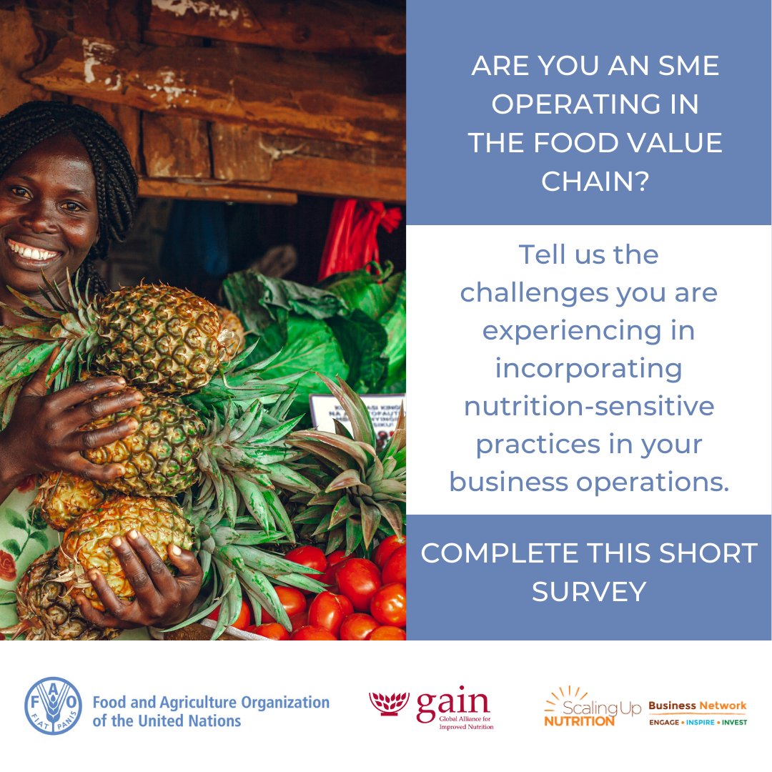 SUNBizNet's tweet photo. As a small &amp; medium scale enterprise operating in the food value chain, what are some of the challenges you face in implementing nutrition-sensitive interventions for your business?
Share with us in this survey: https://t.co/bxgyHegIyZ #NutritionBusinessSurvey
@FAO @GAINalliance https://t.co/nqOt9IXfZn