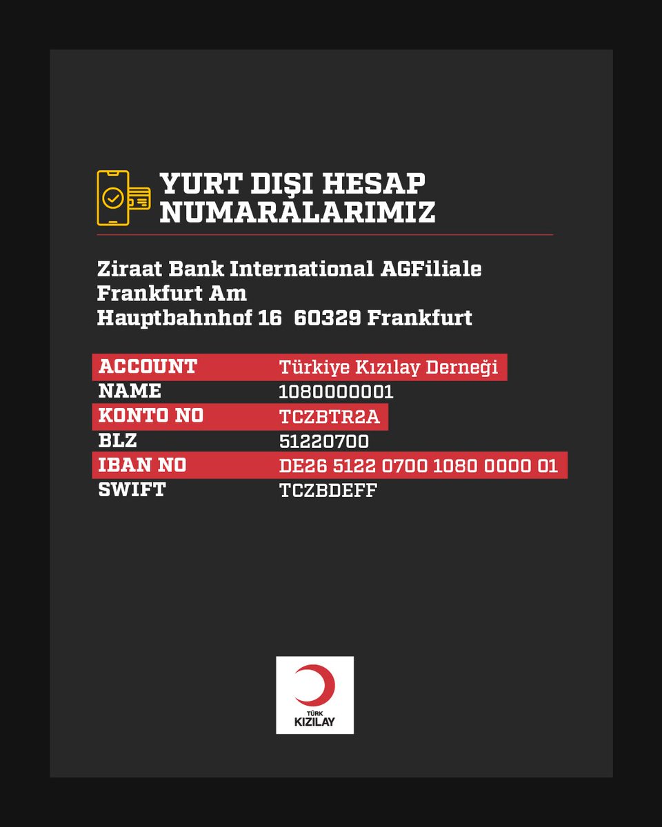 Kizilay's tweet photo. 𝗬𝗨𝗥𝗧 𝗗𝗜𝗦𝗜
🟥 Deprem anından bu yana;

❝Nasıl yardım edebilirim?❞,
❝Hangi yollarla bağış yapabilirim?❞

sorularını yönelten vatandaşlarımız için hesap bilgilerimiz:🔻 https://t.co/osm1w1oNFz