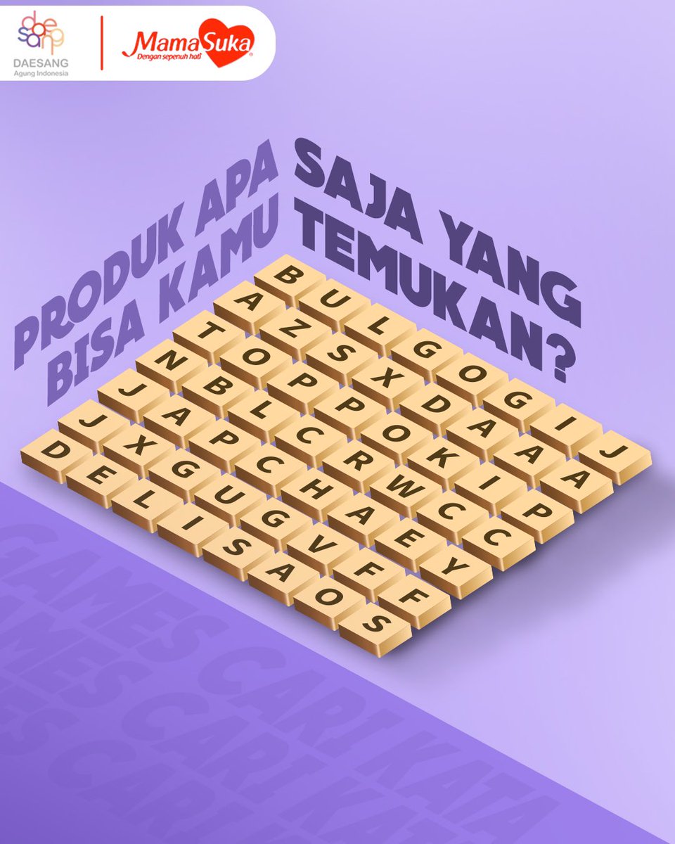 MamaSukaID's tweet photo. Food Lovers, temukan kata sebanyak-banyaknya dan menangkan hadiahnya!👍

📌Mekanisme 🔽🔽🔽

#BikinLebihEnak https://t.co/vHRw8yCXBh