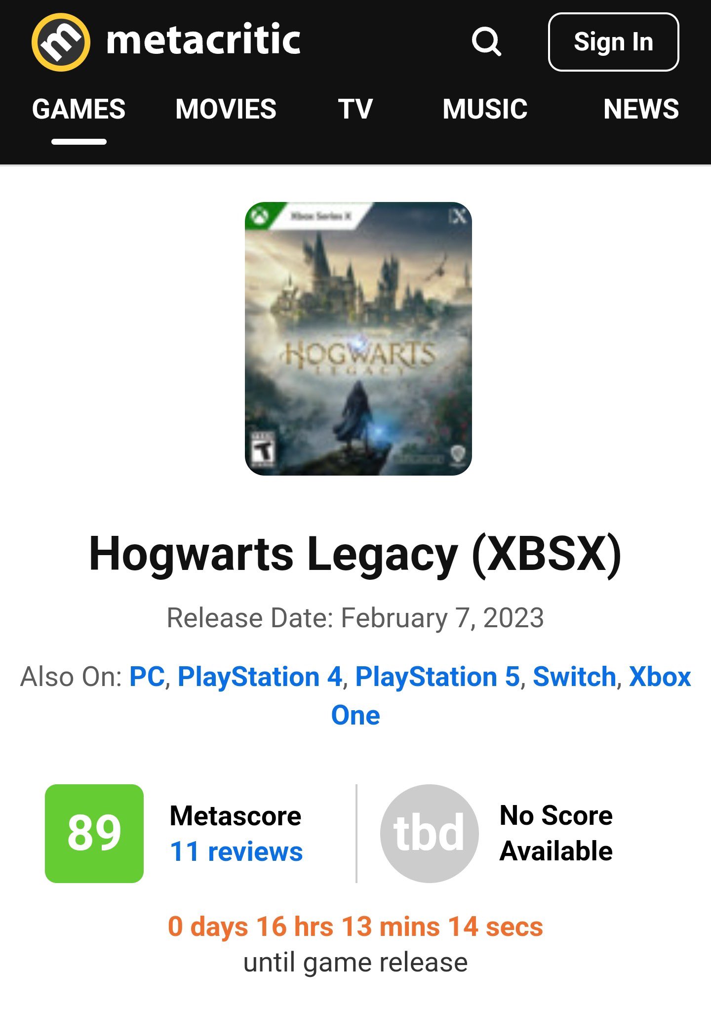 XBG on X: “Hogwarts Legacy is having a better Metacritic Score 