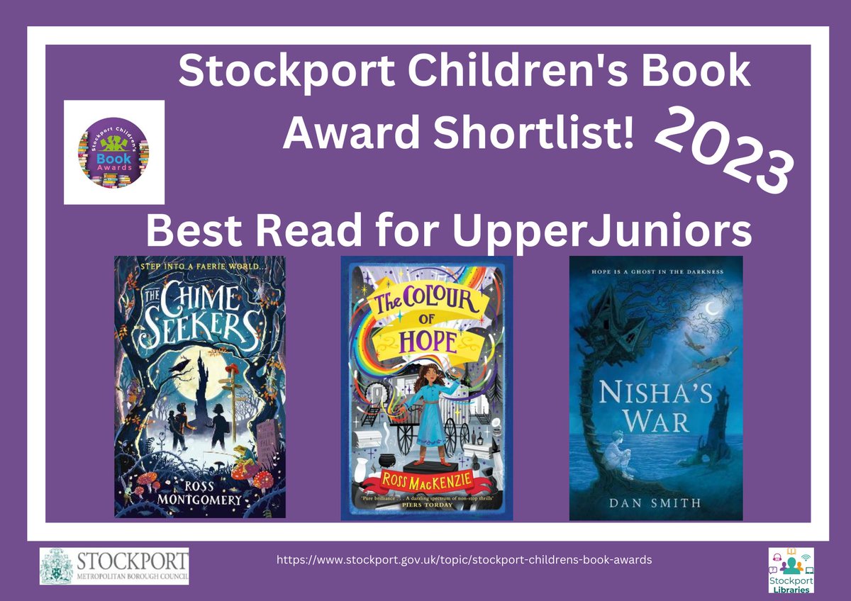We are super excited to announce this year's shortlisted titles in the Stockport Children's Book Award for Best Read for Upper Juniors! Congrats to @mossmontmomery @RossAuthor and @DanSmithAuthor 🥳 @chickenhsebooks @AndersenPress