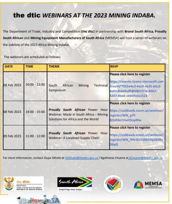 <a href="/the_dti/">Technical Information Center</a>  will be hosting a few webinars at the Investing in Africa Mining Indaba 2023. The Mining Indaba kicked off earlier today at the Cape Town International Convention Centre. #MiningIndaba2023 
<a href="/GovernmentZA/">South African Government</a> @DMRE_ZA <a href="/ProudlySA/">Proudly South African</a> <a href="/MEMSA_ZA/">MEMSA</a>