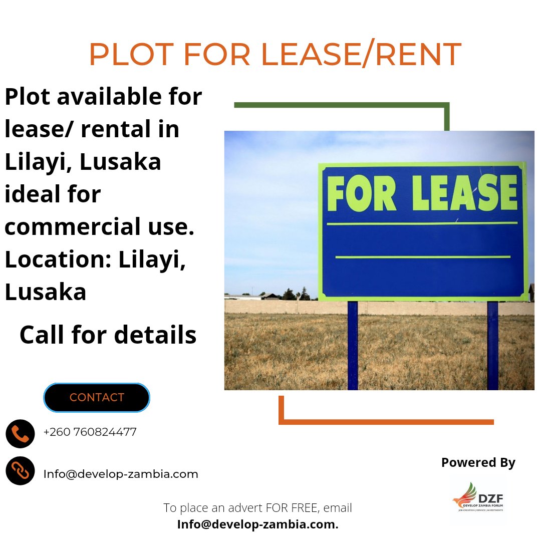 DevelopZForum's tweet photo. Plot available for lease/rental in Lilayi, Lusaka.  Ideal for commercial use.

For details, contact – +260760824477 or
Email - Info@develop-zambia.com 

#advertising #advertisements #dzf #dzfupdates

To place an advert with #DZF for free, email Info@develop-zambia.com https://t.co/qBa7vLsjT9