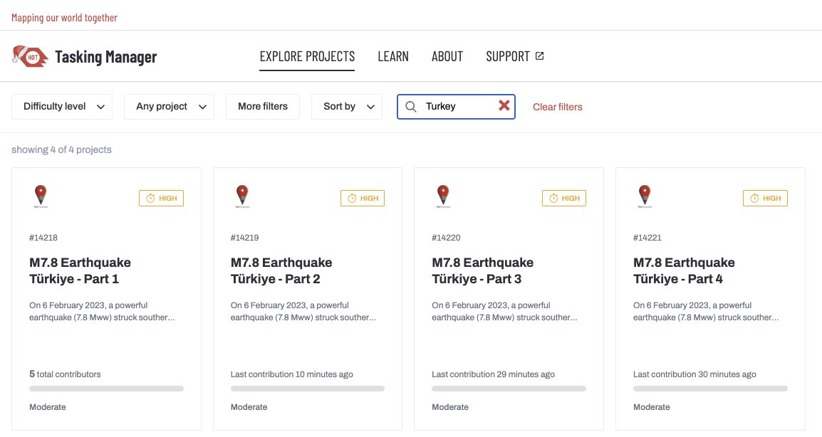 Call to Action: Map Southern Turkey Dear @openstreetmap community, We’re asking your help to support mapping the areas which have been terribly affected by the powerful earthquake (7.8 magnitude) in Southern Turkey. #TurkeyEarthquake Mapping Tasks: bit.ly/TurkiyeEQ2023