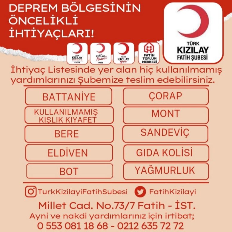 Deprem bölgesinin öncelikli ihtiyaçları!

İhtiyaç listesinde yer alan hiç kullanılmamış yardımlarınızı ve nakdi yardımlarınızı şubemize teslim edebilirsiniz.