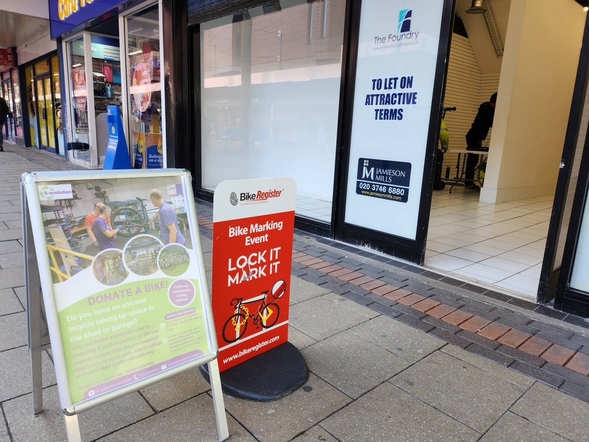 As advertised we are currently marking cycles to enter onto the National Cycle database. We are on the High Street, Scunthorpe next to Card Factory. We are here till 5pm so come down with your cycle. #bikeregister #townward #lockitmarkit