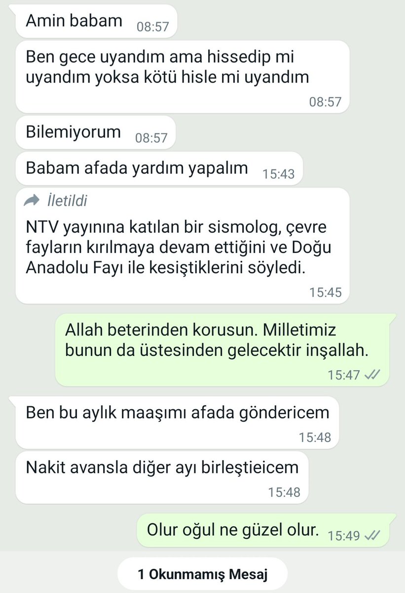 Üniversite öğrencisi ile babası arasında geçen konuşma. Bu gençler oldukça biz Allah'ın izniyle var olacağız. Rabbim yar ve yardımcımız olsun. Büyük geçmişler olsun.