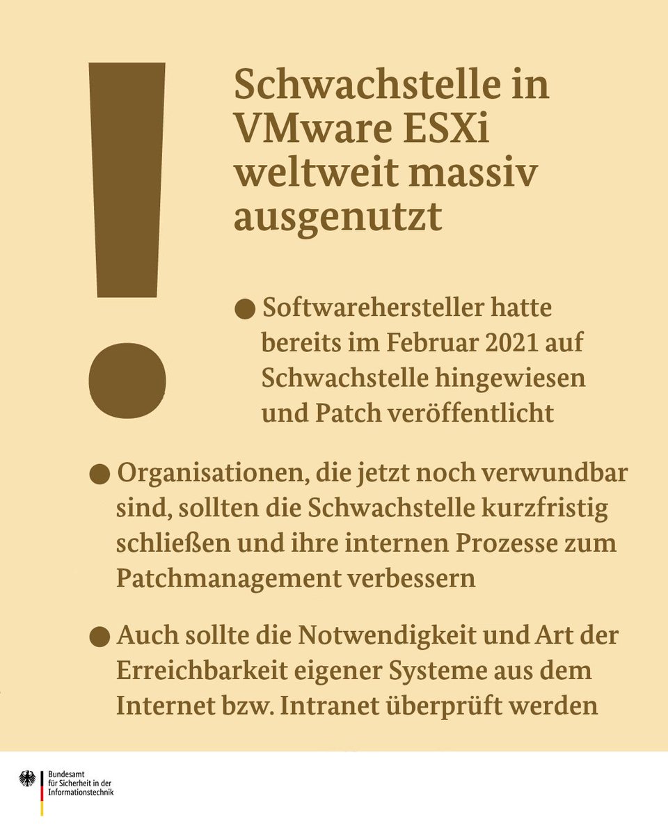 ❗ Bei einem weltweit breit gestreuten Angriff wurden laut Medienberichten tausende Server, auf denen VMwares Virtualisierungslösung #ESXi zum Einsatz kommt, mit #Ransomware infiziert und verschlüsselt. Auch 🇩🇪 ist betroffen. 👉bsi.bund.de/dok/1084918 #DeutschlandDigitalSicherBSI