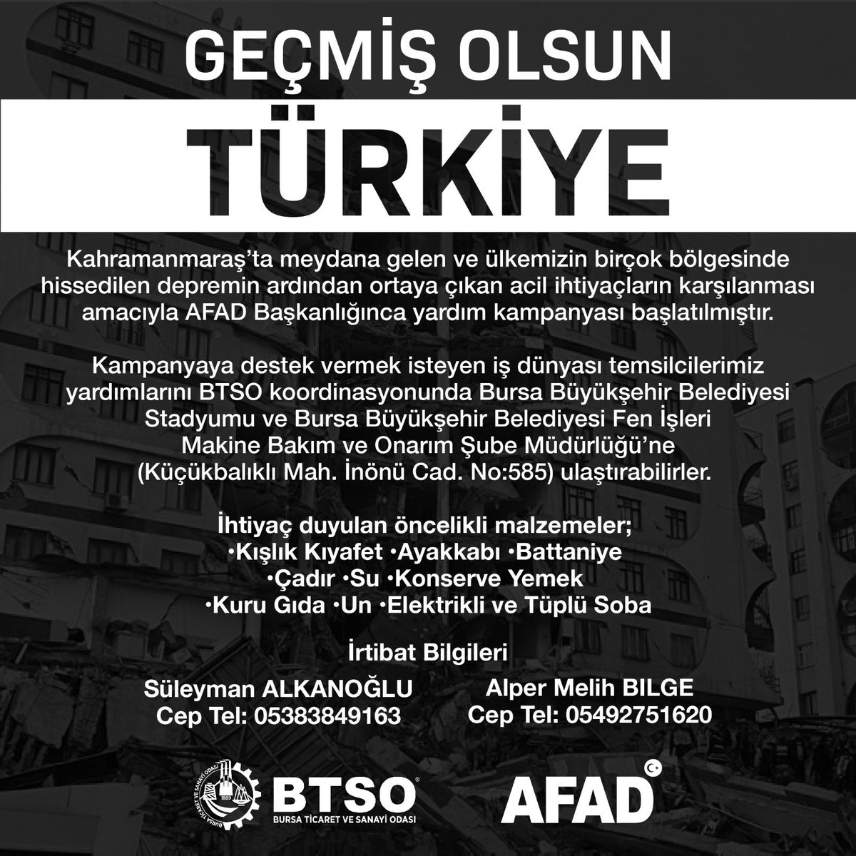 BursaTSO's tweet photo. ⚠️ÖNEMLİ DUYURU

🔴Depremden etkilenen bölgelerdeki vatandaşlarımıza ulaştırılmak üzere AFAD koordinesinde yardım kampanyası başlatılmıştır.

@BursaValiligi @bursa_afad https://t.co/erxrkYE8Ca