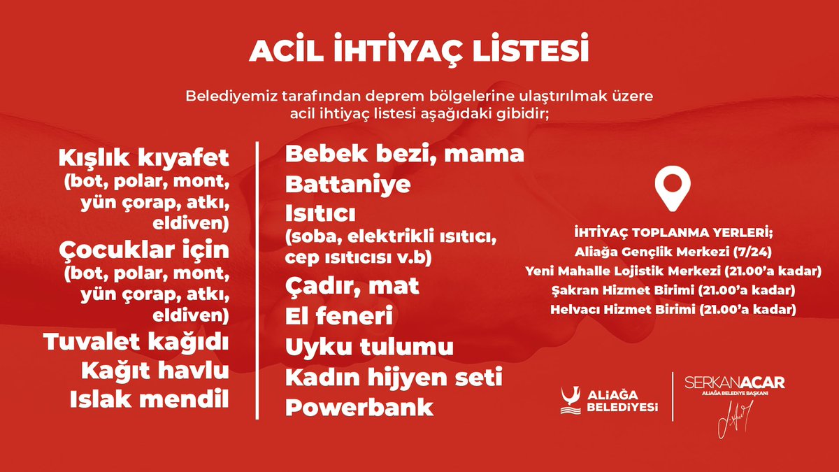 📣❗️ Belediyemiz tarafından #deprem bölgelerine ulaştırılmak üzere toplanacak acil ihtiyaçların listesi ve ihtiyaç toplanma yerleri aşağıdaki gibidir 👇🏼