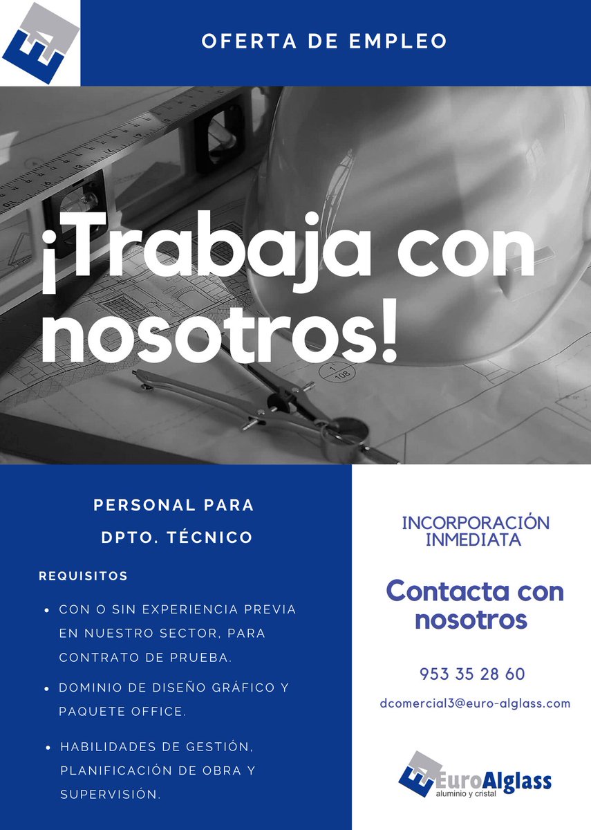 EuroAlglass's tweet photo. ¡NUEVA OFERTA DE EMPLEO! 📣 
#Ofertaempleo #EuroAlglass https://t.co/AZlk5QYS7u