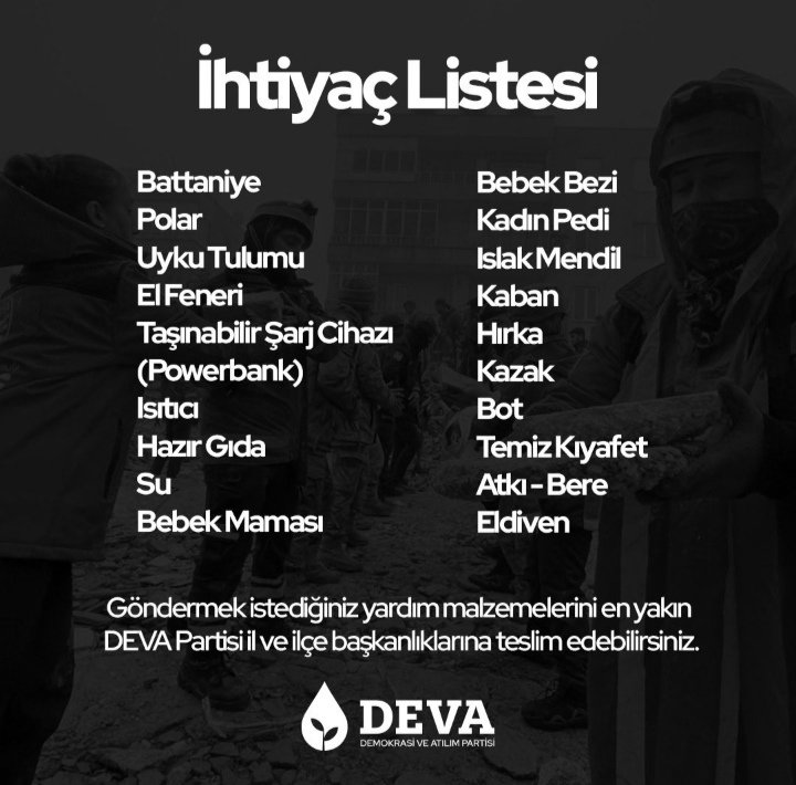 Buğün bir ve beraber olma zamanı.
Tüm vatandaşlarımızın desteğini bekliyoruz. <a href="/MeramaDEVA/">Deva Partisi Meram İlçe Başkanlığı</a> <a href="/karataydeva/">DEVA KARATAY İLÇE BAŞKANLIĞI</a> <a href="/selcukludadeva/">Konya Selçuklu Deva Partisi</a> <a href="/KonyadaDEVA/">DEVA PARTİSİ KONYA</a> <a href="/KaracaSeyit/">Dr.Seyit Karaca</a> <a href="/alibabacan/">Ali Babacan</a> <a href="/devapartisi/">DEVA Partisi</a>