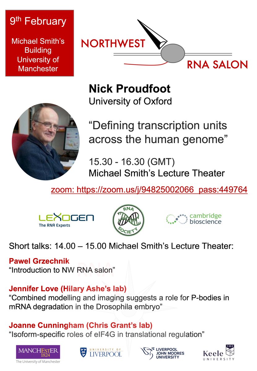 NW_RNA_Salon's tweet photo. The update you have been waiting for!
Nick Proudfoot's talk will be avaleible online 15.30-16.30 (GMT).
link: https://t.co/JusQR7zBc6 pass:449764 https://t.co/XMJN8k0BHq