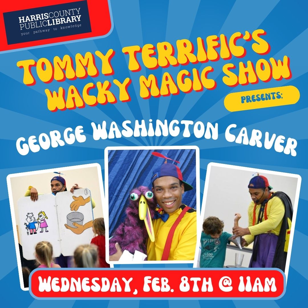 HighMeadowsLib's tweet photo. Join us February 8th at 11 AM for Tommy Terrific's Wacky Magic Show in celebration of African American History Month!

Come see his magic show about the African American scientist and inventor, George Washington Carver!
#highmeadowslibrary #eastaldine #africanamericanhistorymonth https://t.co/uWKKhJ1WrC