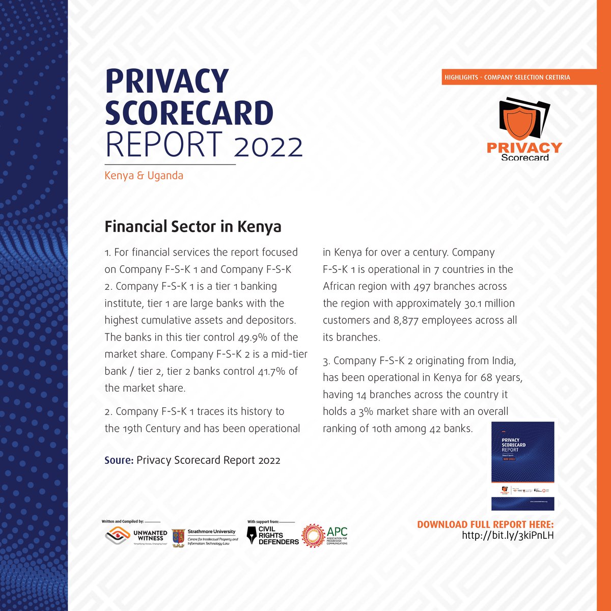 UnwantedWitness's tweet photo. "These companies have been anonymized so as to reflect an unbiased analysis of the findings presented ." #PrivacyReport
A total of six companies were accessed in Kenya. The financial services #report focused on companies FSK 1 and Company FSK2 . https://t.co/kBtKJS9ugG