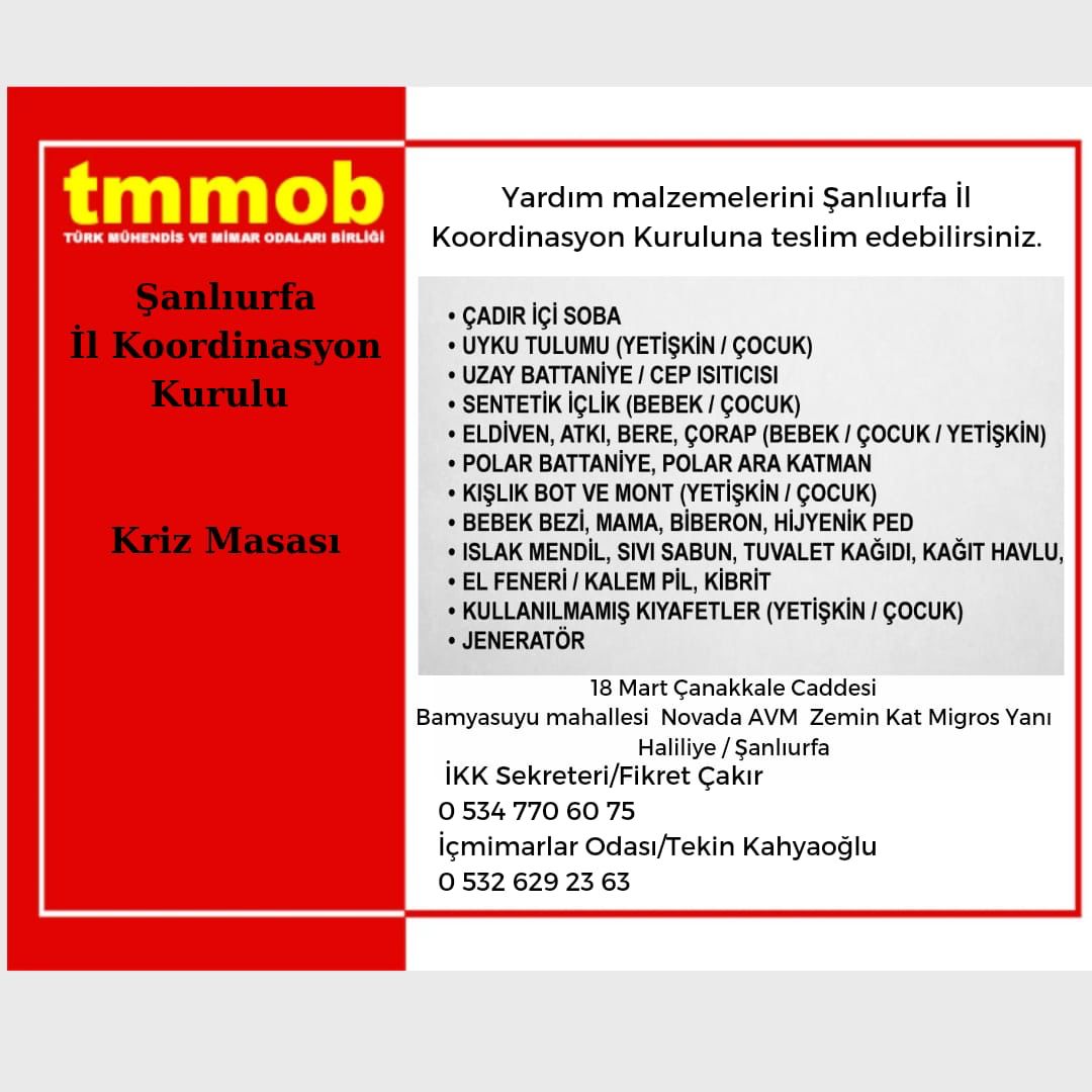 TMMOB1954's tweet photo. TMMOB Şanlıurfa İl Koordinasyon Kurulumuzun Acil İhtiyaç Talepleri ve Destek Yönlendirmesi için Sekreterya hizmeti sunduğumuz iletişim bilgileri: https://t.co/TROqG9gEiY