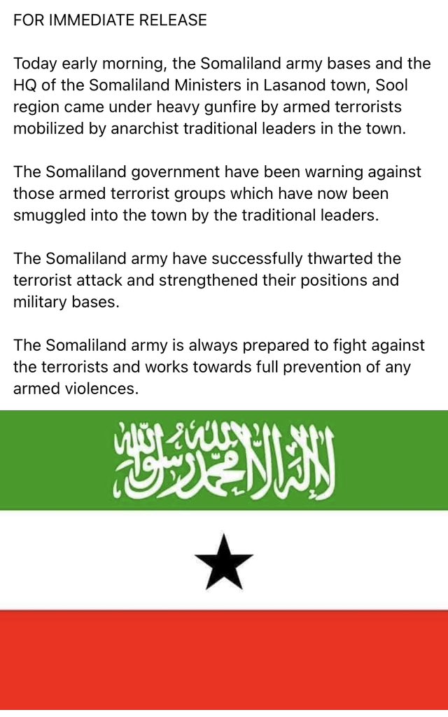 SLNTV's tweet photo. FOR IMMEDIATE RELEASE
 
Today early morning, the Somaliland army bases and the HQ of the Somaliland Ministers in Lasanod town, Sool region came under heavy gunfire by armed terrorists mobilized by anarchist traditional leaders in the town. https://t.co/km21rydxta