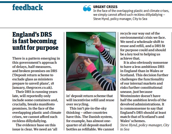 This is my letter in @TheGrocer about why need an 'all in' deposit return scheme that lays the foundations for a shift towards refill and reuse.