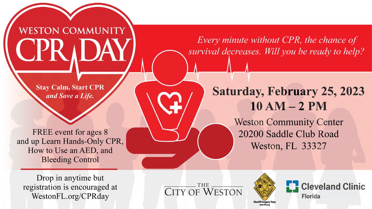CityofWeston's tweet photo. The FREE Community #CPRDay is an opportunity for your family to learn life-saving skills from the experts.

📆 Sat., Feb. 25
⌚ 10 A.M. - 2 P.M.
📍 Weston Community Center
🧒 Ages 8+
❤️ Instruction in CPR, AED use and bleeding control

Register below
🔗 https://t.co/kDEtmvD3mi https://t.co/crc50Qzu5f