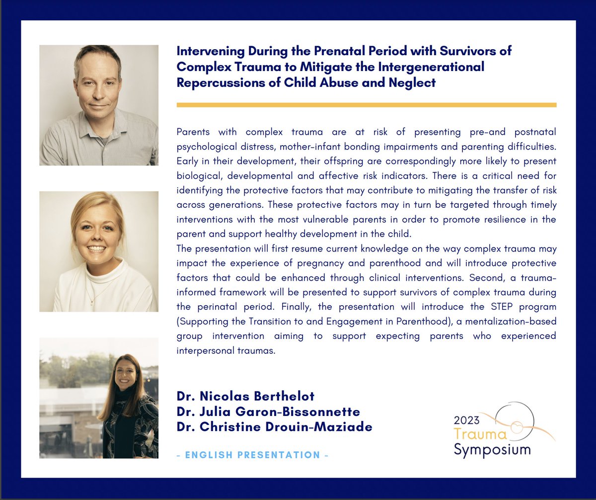 CCCYT_CCTEA's tweet image. Happy Monday! Next on the symposium roster we’ve got a dream team of Dr. Nicolas Berthelot, Dr. Julia Garon-Bissonnette and Dr. Christine Drouin-Maziade.
💬 bit.ly/3iTGsQh
🎟 bit.ly/3weNH8x
 #traumainformed #intergenerationaltrauma #parenthood