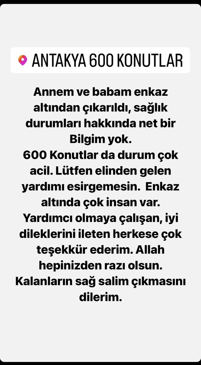 ilkerburc's tweet photo. #600konutlar #antakya da durumlar çok kötü. Lütfen imkanı olan desteğe gitsin. Annem ve babam çıkarıldı sağlık durumları hakkında net bilgim yok. Herkese iyi niyeti ve duaları için çok teşekkür ederim.  #AFADhatay #ahbaphatay https://t.co/mPEu3L8d37