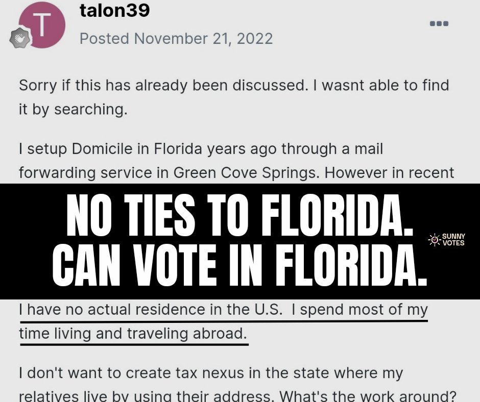 SunnyVotesFL's tweet photo. Would you say this person is a Florida resident? To Domicile here, you must swear that you reside in/maintain a home in the county you intend to make your permanent home. FS 222.17 #FLDomicile #mailforwardingservices #sunnyvotes 

https://t.co/Mh230lcukY https://t.co/fUAXvJhuBp