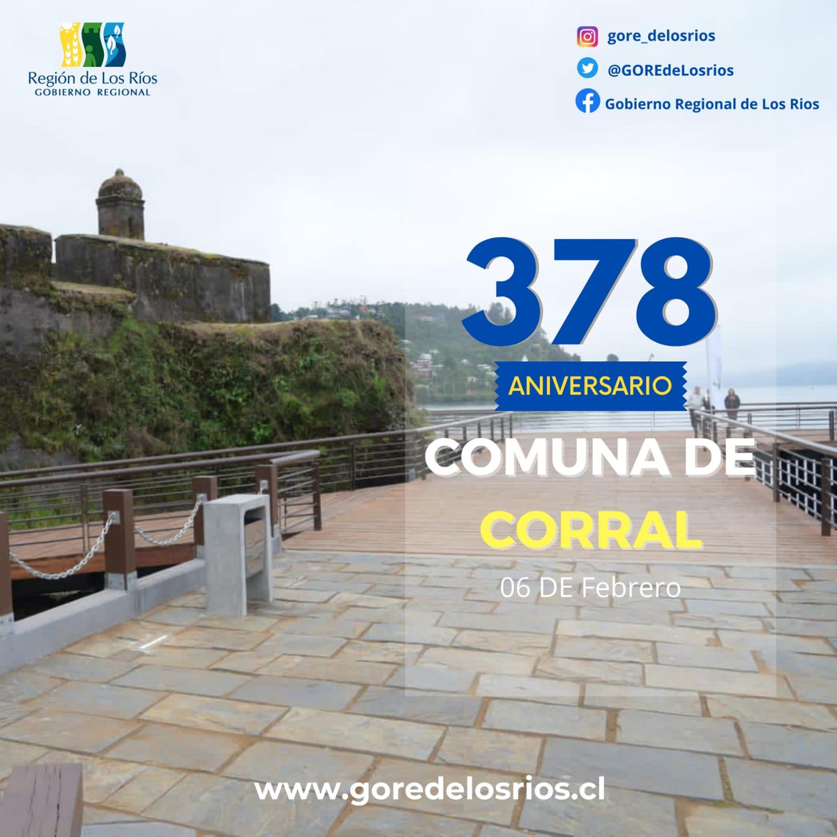 GOREdeLosRios's tweet photo. 🎉Saludamos con mucho afecto a la comunidad, dirigentes y autoridades de la comuna de Corral en sus 378 años de historia. 

✳️Reiteramos nuestro compromiso con el desarrollo de esta comuna que día a día trabaja en pro del progreso de su territorio y su gente. #Corral #Valdiviacl https://t.co/eUTVwra3rC