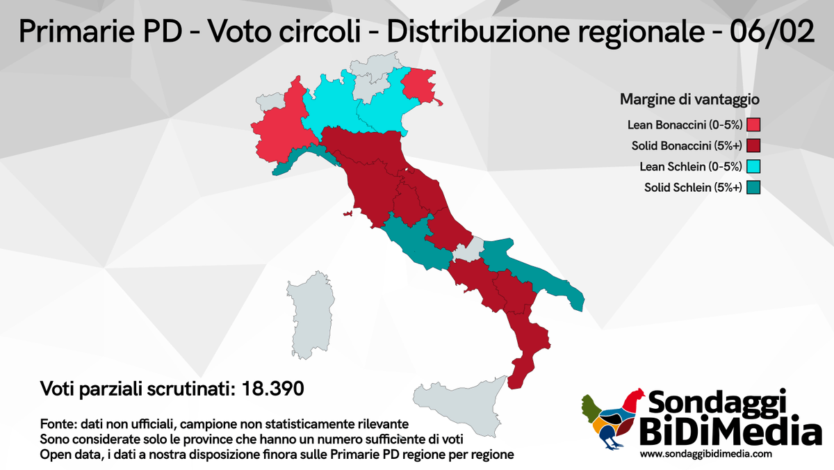 🔴#PrimariePD

La distribuzione regionale dei primi voti fino a qui espressi

Zone rosse con Bonaccini, Schlein prova a recuperare con Nord e Lazio

Dal centro-sud comunque ancora pochissimi dati 👇