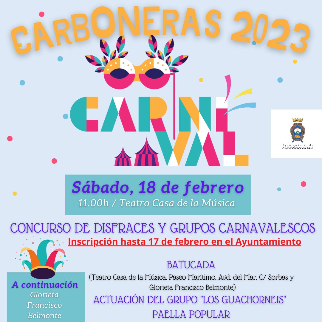 Ayto_Carboneras's tweet photo. 🥳 Disfruta del Carnaval en Carboneras
🙌🏻 ¡Este 18 de febrero participa en el concurso de Disfraces y Grupos Carnavalescos!
✍️ Inscripción hasta el 17 de febrero en el Ayuntamiento de Carboneras 
‼ Vuelve el Carnaval con un programa diseñado desde la Concejalía de Cultura https://t.co/HxFVZpXvOE