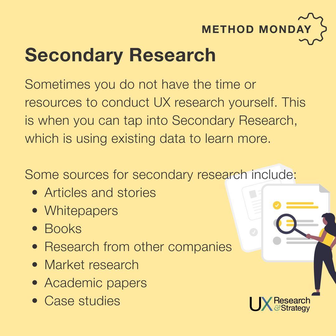 ux_and's tweet image. Sometimes you do not have the time or resources to conduct UX research yourself. This is when you can tap into Secondary Research, which is using existing data to learn more. 

#uxd #uxmethod #methodmonday
