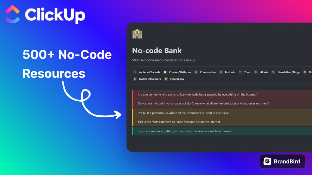 I've prepared a ClickUp micro-product with 500+ no-code resources.

It was #1 Product of the day on Product Hunt.

It generally costs $$$

But I'm giving it away for FREE. (only for 24 hours)

To get it:
1. Like
2. Retweet
3. Comment 'NOCODE'

And I'll DM it to you for FREE.