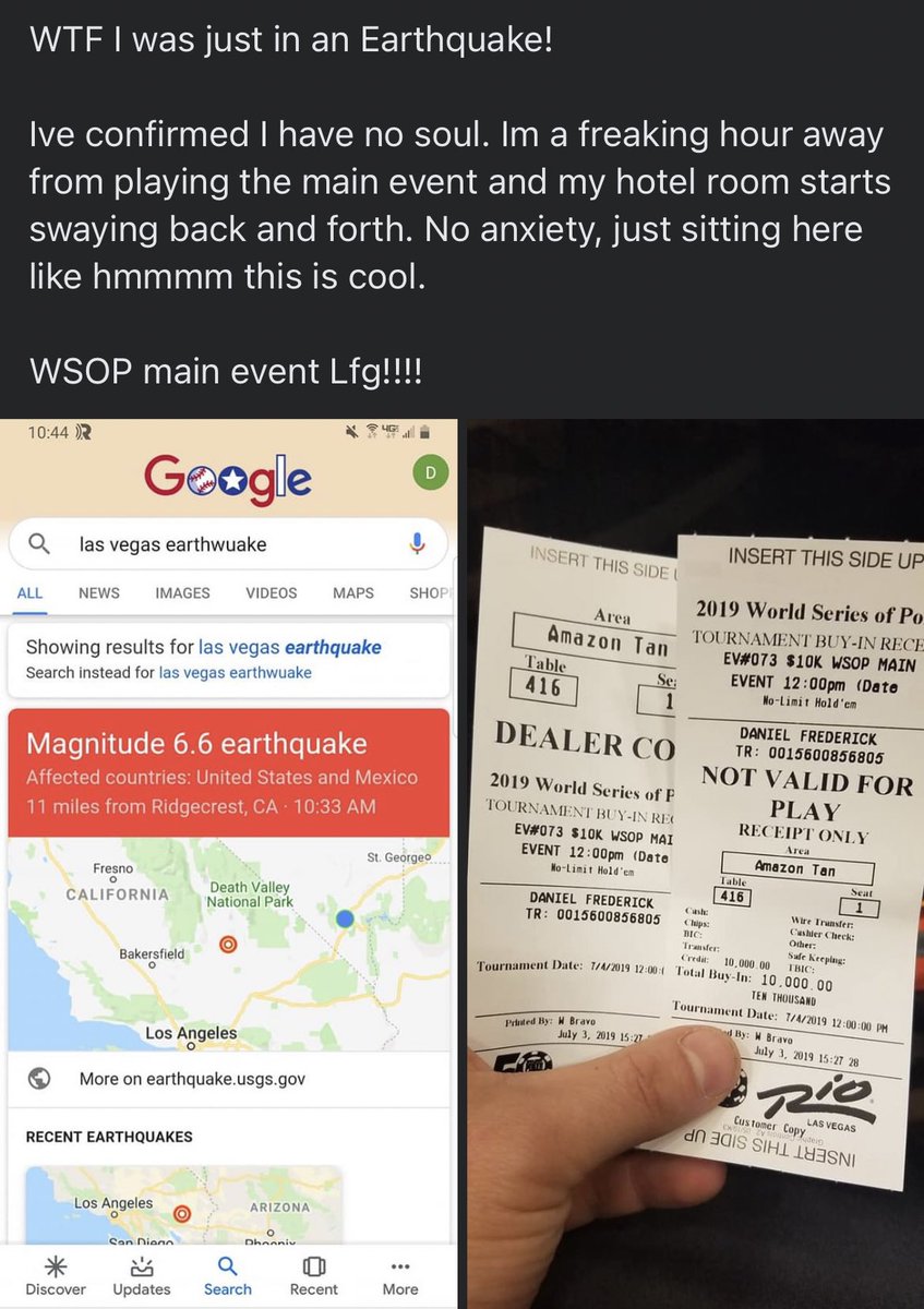 BuffaloFreddy's tweet photo. I was in a 6.6 earthquake in Vegas right before playing the WSOP main event. Went on an epic run after that. 

Obviously time to go gamble gamble now. Gotta hammer more SB bets and go get some power ball asap 🤣. 

No gamble no future! #GambleGamble #Earthquake #FlyEaglesFly https://t.co/xfhQYtVVJw