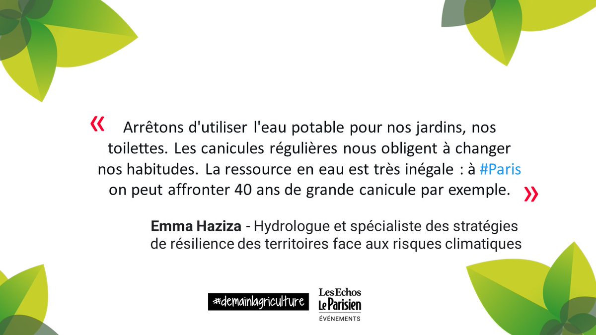 Les Echos Le Parisien Événements (@echosparisien_e) on Twitter photo #demainlagriculture -"On peut récupérer l'eau partout. Très peu d'eau douce arrive en mer en réalité. Il faut la laisser y arriver car sinon cela coupe la chaine et détruit la chaine de #biodiversité. Utilisons l'eau de manière raisonnable et intelligente. " <a href="/HazizaEmma/">Haziza Emma</a> #demainlagriculture -"On peut récupérer l'eau partout. Très peu d'eau douce arrive en mer en réalité. Il faut la laisser y arriver car sinon cela coupe la chaine et détruit la chaine de #biodiversité. Utilisons l'eau de manière raisonnable et intelligente. " <a href="/HazizaEmma/">Haziza Emma</a>