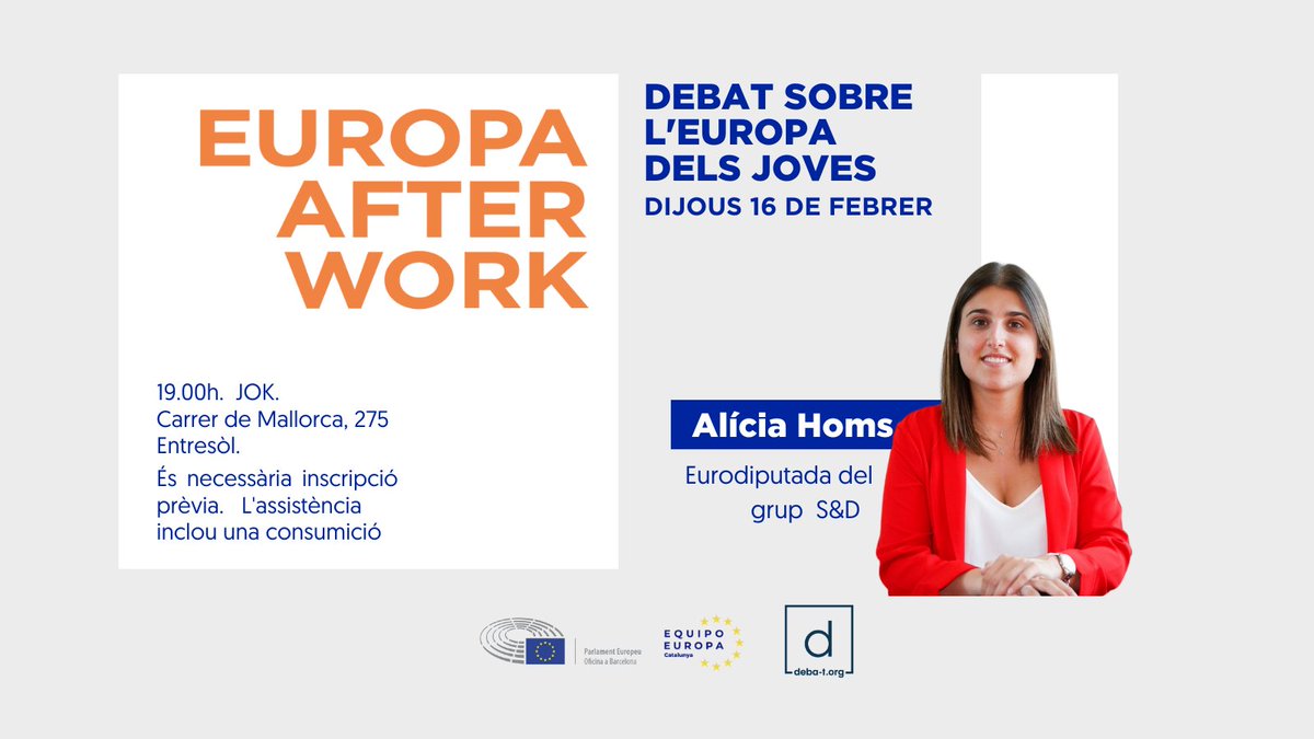 L'Europa dels joves a #EuropaAfterWork

Amb <a href="/aliciahoms/">Alícia Homs</a> (<a href="/TheProgressives/">S&D Group</a>)

🗓 Dijous 16 de febrer
🕖 19h00
📍 <a href="/jokbarcelona/">JOK</a>

👉 eptwitter.eu/EuropaAfterWor…