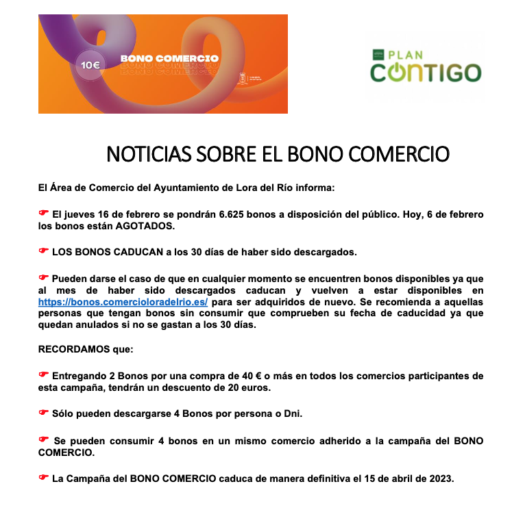 ➡️ El <a href="/aytoloradelrio/">Ayto. Lora del Río</a>, a través de la Concejalía de Comercio, y con el objetivo de dinamizar la actividad comercial en el inicio del 2023, informa de una serie de puntualizaciones de la campaña del #BonoComercio.