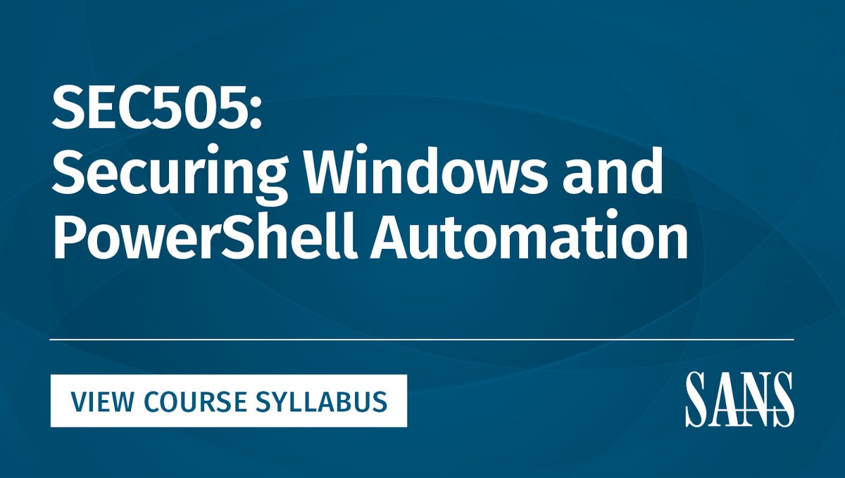 SANSInstitute's tweet photo. SEC505 Securing Windows and PowerShell Automation teaches how to use #PowerShell to automate Windows security and harden PowerShell itself. Try the course demo for yourself: https://t.co/rSeB4uvLor
Learn more about #SEC505: https://t.co/pctUfrRvBv https://t.co/Q79p0rvvi0