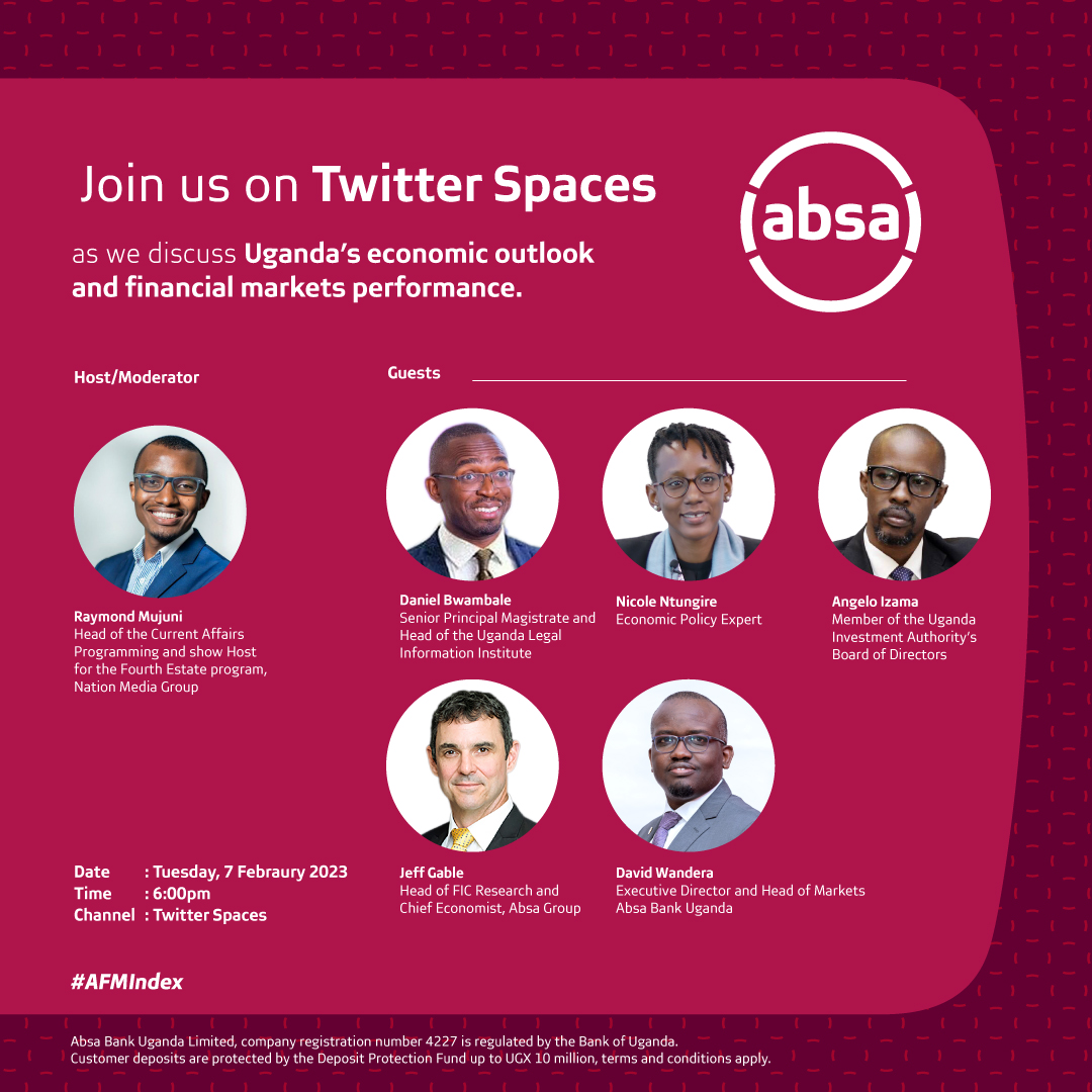 AbsaUganda's tweet photo. Join us for a Twitter Space this Tuesday, 7th February at 6:00 pm as we dissuss the Uganda’s economic outlook and financial markets performance.

Set a reminder: https://t.co/itNsERjaFU
 
#AFMIndex https://t.co/zbqx4aVFK2