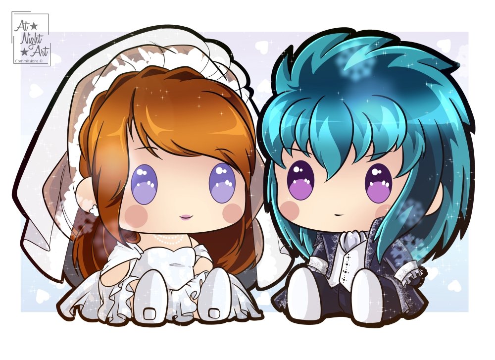 - Ice Royal Wedding - 

Commission made for the lovely <a href="/flowermiko/">Flowermiko ( Stylist Sakura || Saintia Aria )</a> ❤️ Camus is one of my favourite gold saint and have the to draw his wedding! And not only that, I could to do both version of them as plushies!
Thank you so much for trust in my work! ❤️